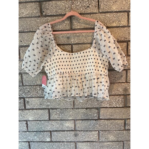 Arula Womens Ivory/Black Puff Sleeve Top With Bow Print Size 2X Polyester Blend - Picture 7 of 9